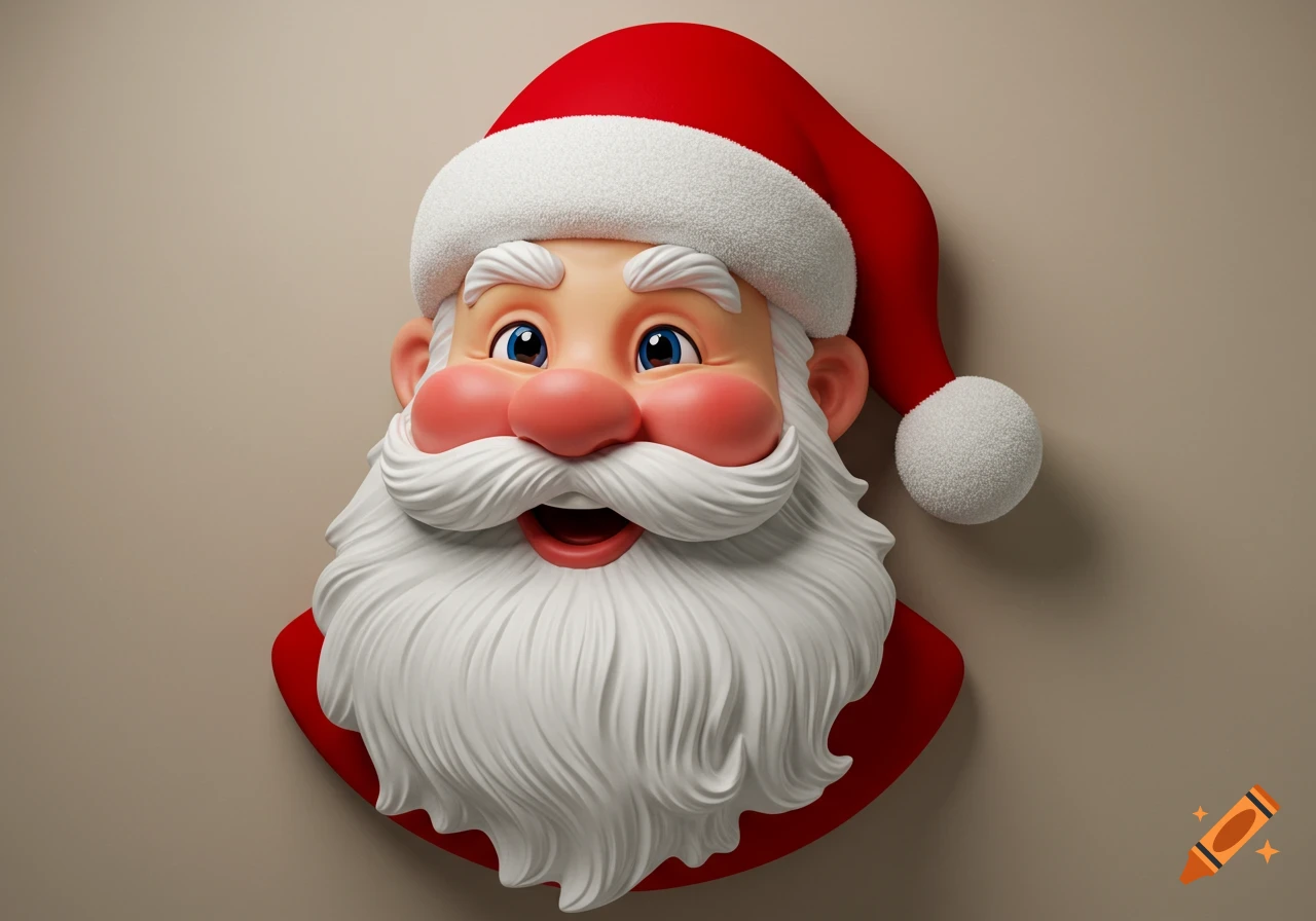 A jolly 3D cartoon Santa Claus head in a bas-relief style, with a red hat and white beard, smiling.