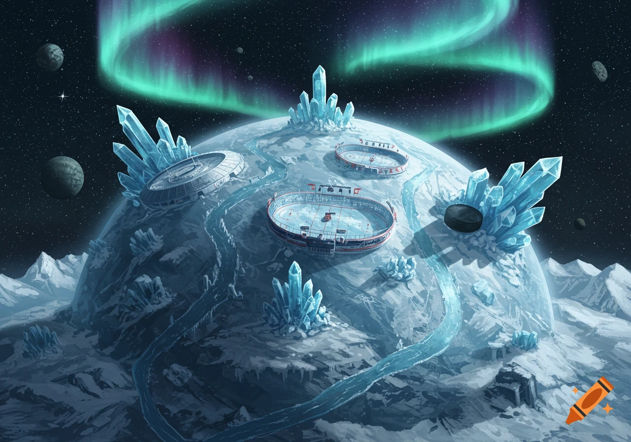 A surreal, icy planet with hockey rinks, large ice crystals, and aurora borealis in a star-filled space.