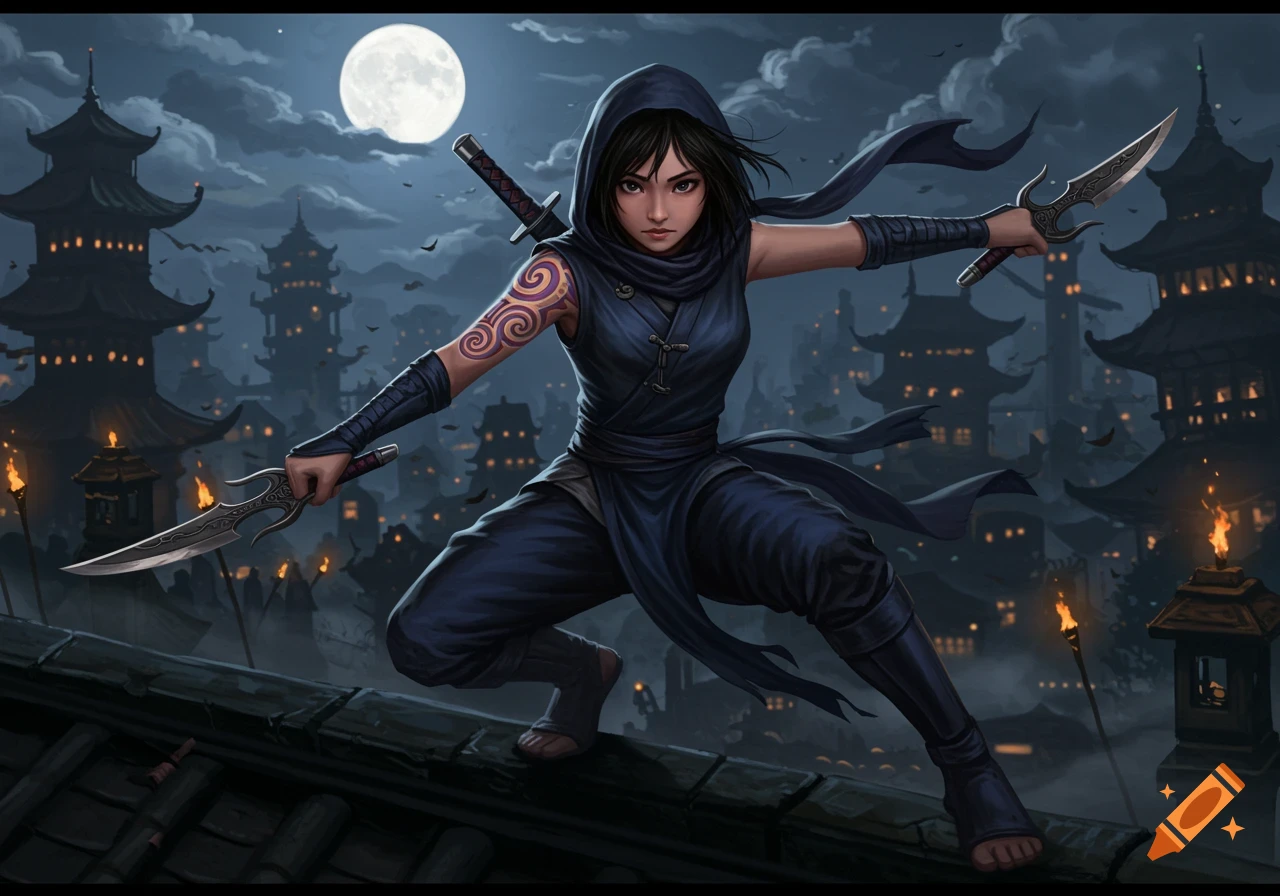 A female ninja with a tattoo, holding two sais, crouches on a rooftop at night above an Asian village under a full moon.