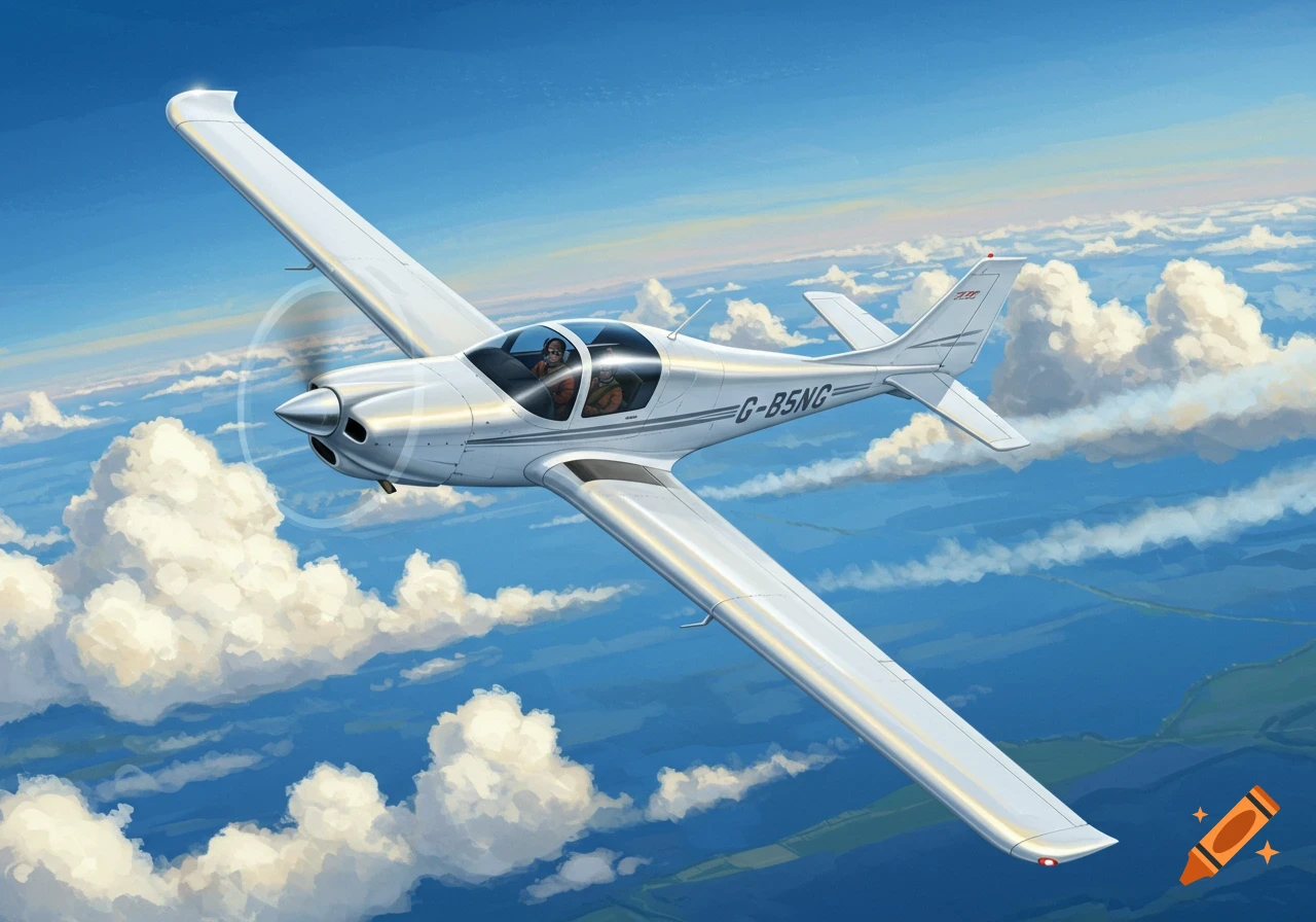 A white single-engine airplane with a propeller flies through a blue sky filled with white clouds over a green landscape.