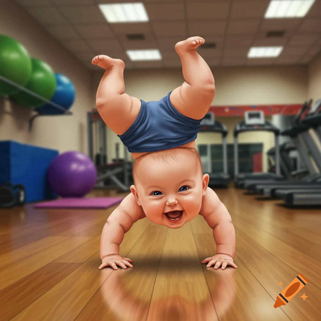 A giggling baby in blue shorts performs a handstand on a wooden floor in a gym, surrounded by exercise equipment.