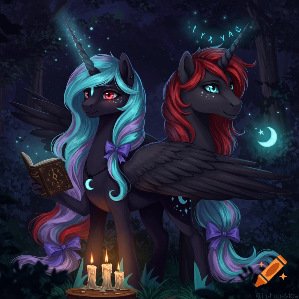 Two dark alicorns stand in a mystical, dark forest at night, one reading a glowing book by candlelight, the other standing nearby under glowing runes.