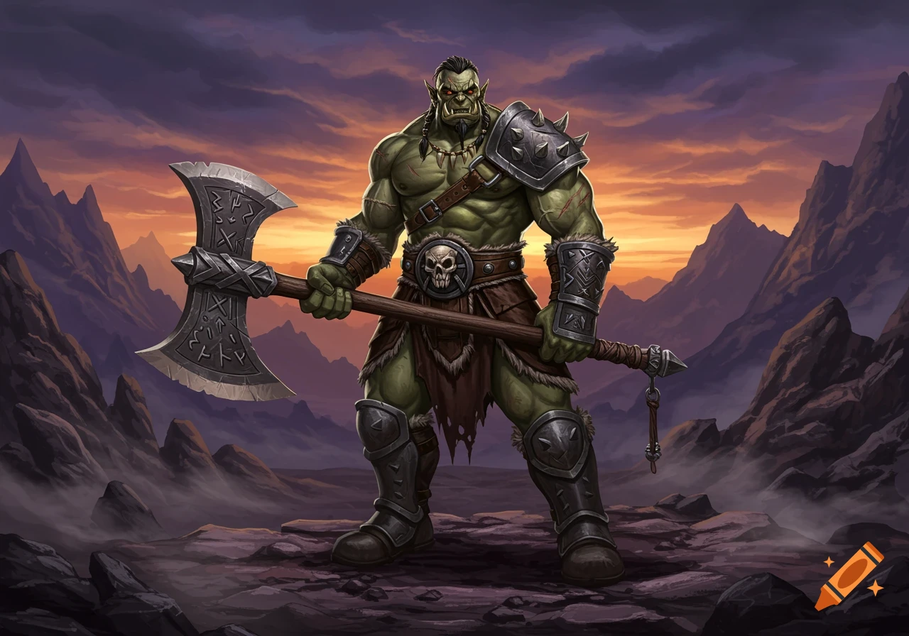 A muscular green orc warrior with a large axe stands on a rocky plain under a dramatic sunset sky.