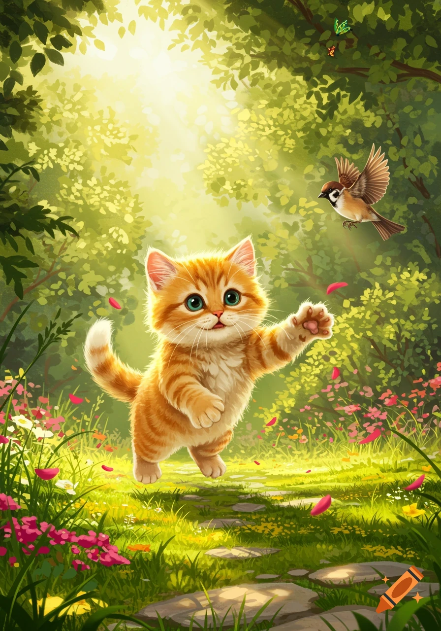 A cute orange tabby kitten playfully reaching for a bird in a vibrant, sunlit forest with flowers.