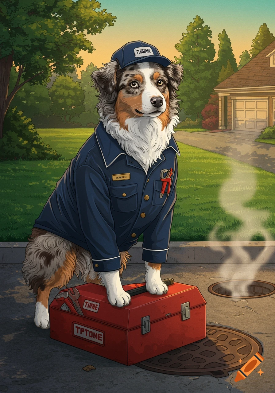 An Australian Shepherd dog wearing a blue plumber's uniform and cap stands with its paws on a red toolbox on a suburban street.