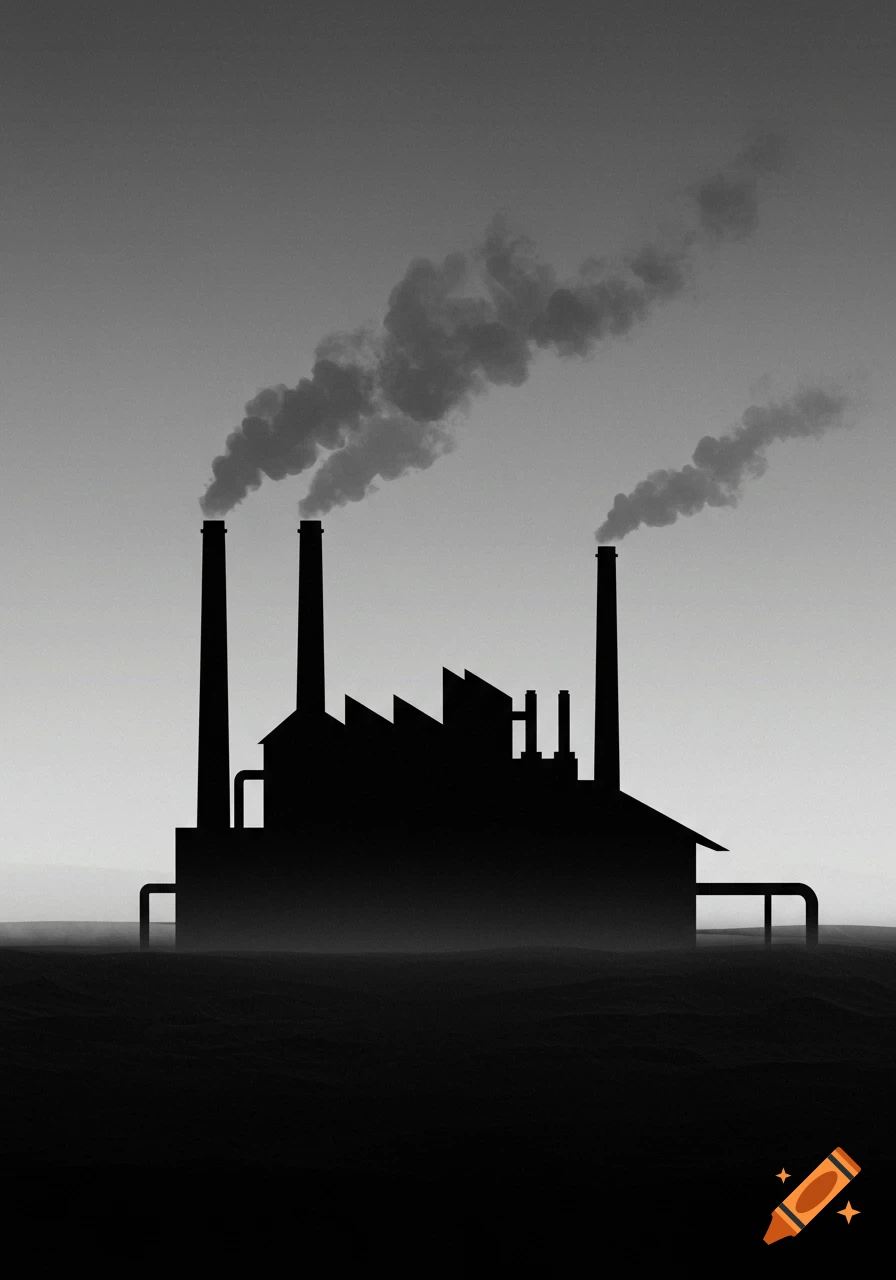 Minimalist black and white silhouette of a factory with smoking chimneys.