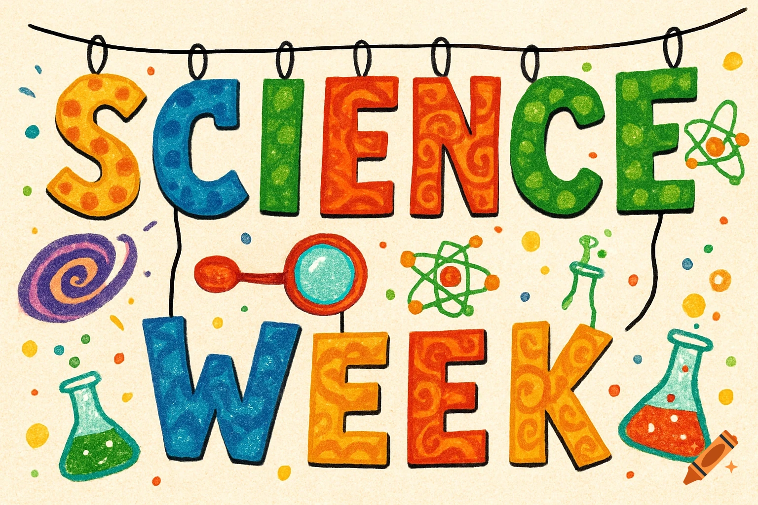 Colorful banner spelling 'Science Week' with science-themed illustrations like beakers, atoms, and a magnifying glass, in a textured, kid-friendly illustration style.