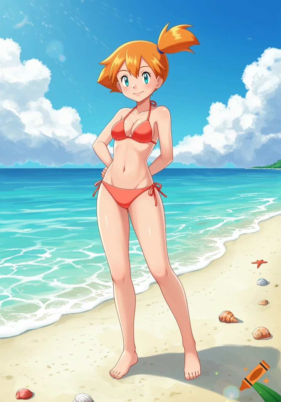 Misty from Pokmon stands on a sunny beach in a red bikini, with the ocean and blue sky behind her in an anime style.