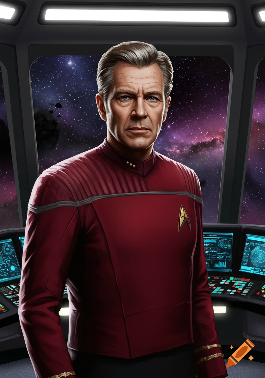 Digital painting of a middle-aged man in a red Starfleet uniform on a spaceship bridge, with stars visible through the windows.