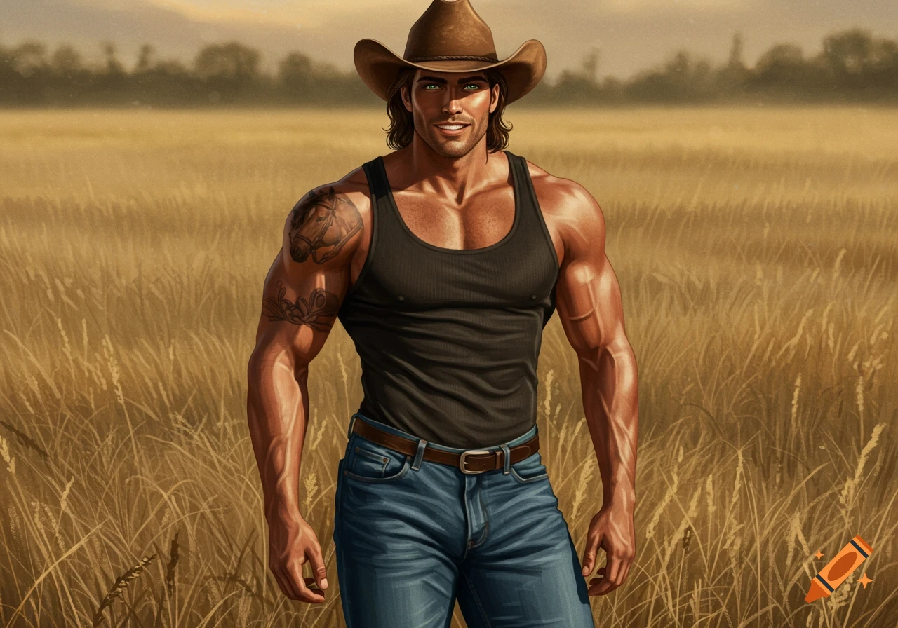 Muscular man with a cowboy hat and black tank top standing in a golden field.