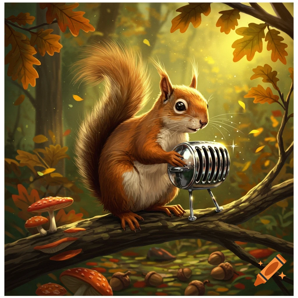 A whimsical squirrel sits on a branch in an autumn forest, holding a small metal barbecue grill.