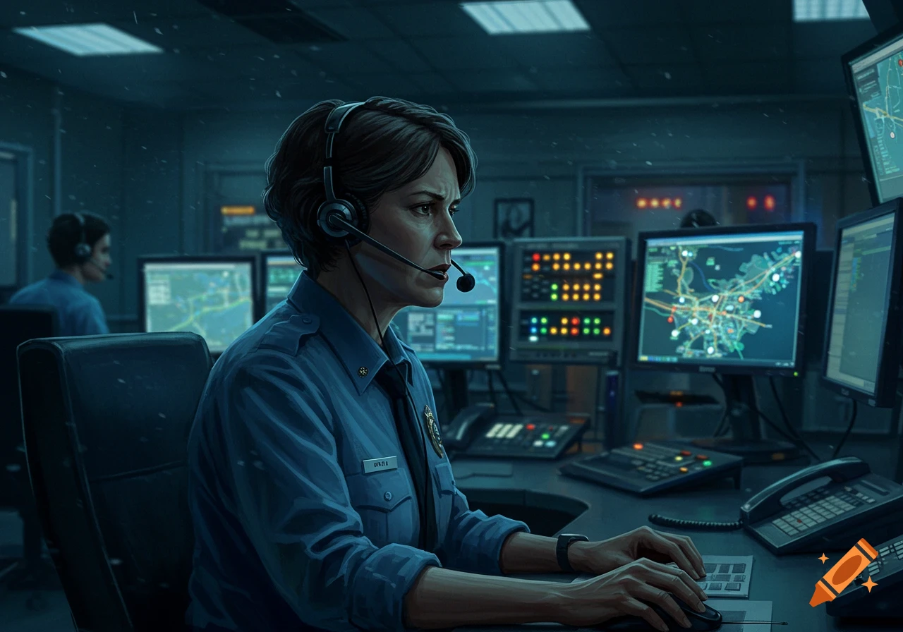 A female 911 operator in uniform with a headset works at a computer desk surrounded by multiple monitors displaying maps and data in a dimly lit control room.