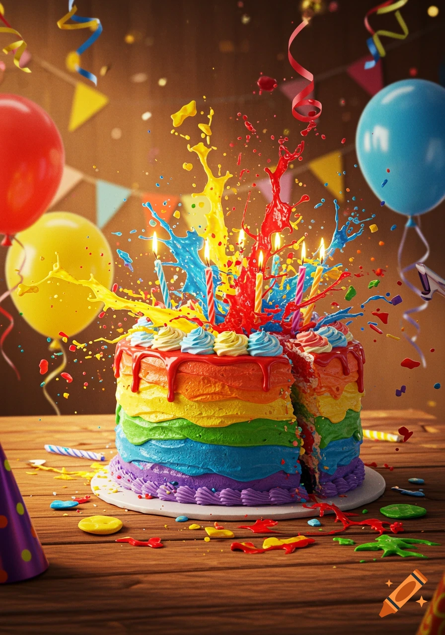 A vibrant rainbow birthday cake on a wooden table, with candles lit and colorful liquid splashing. Balloons and streamers in the background, photorealistic.