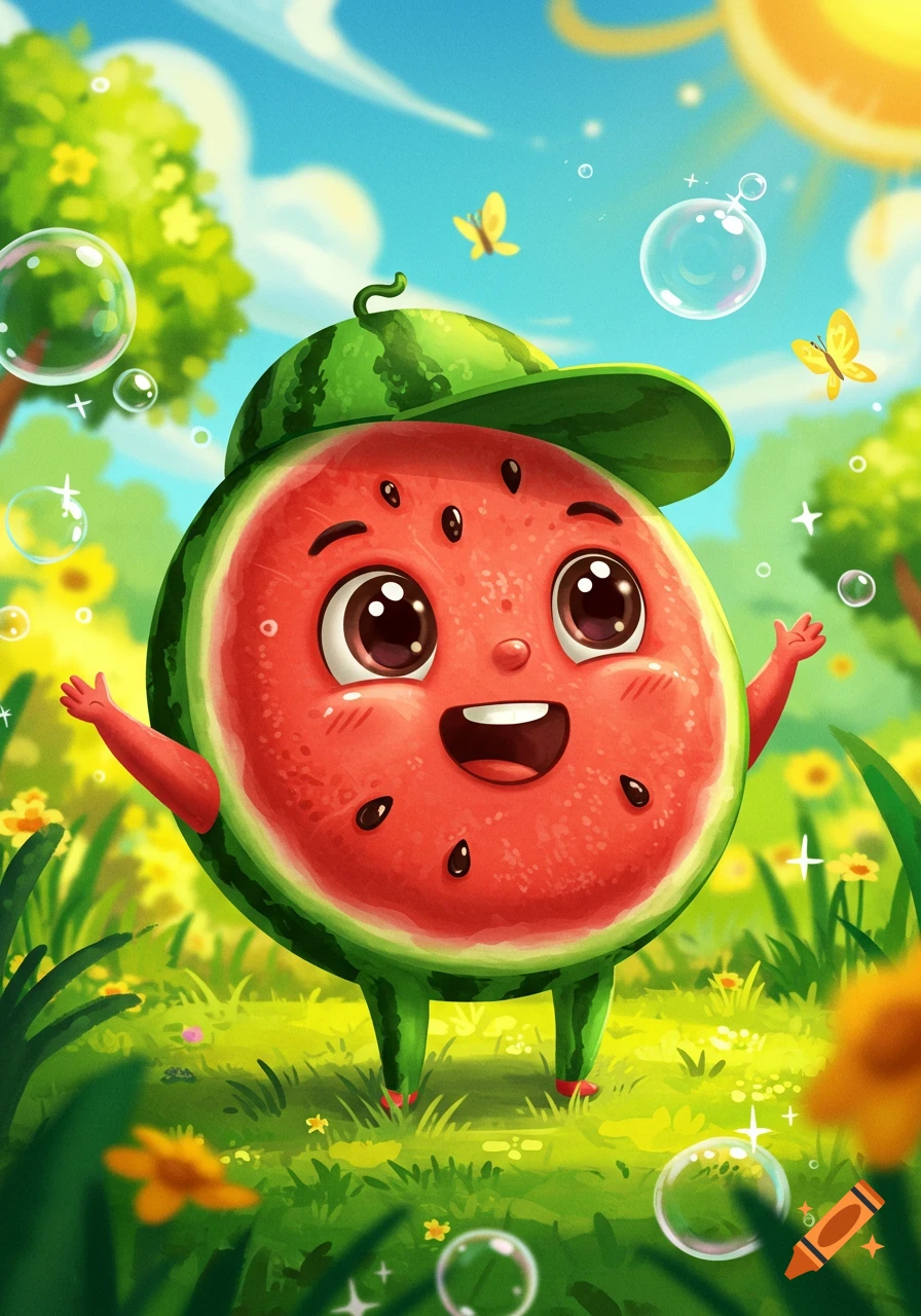 A happy cartoon watermelon character wearing a hat stands in a bright, sunny field with flowers, butterflies, and bubbles.