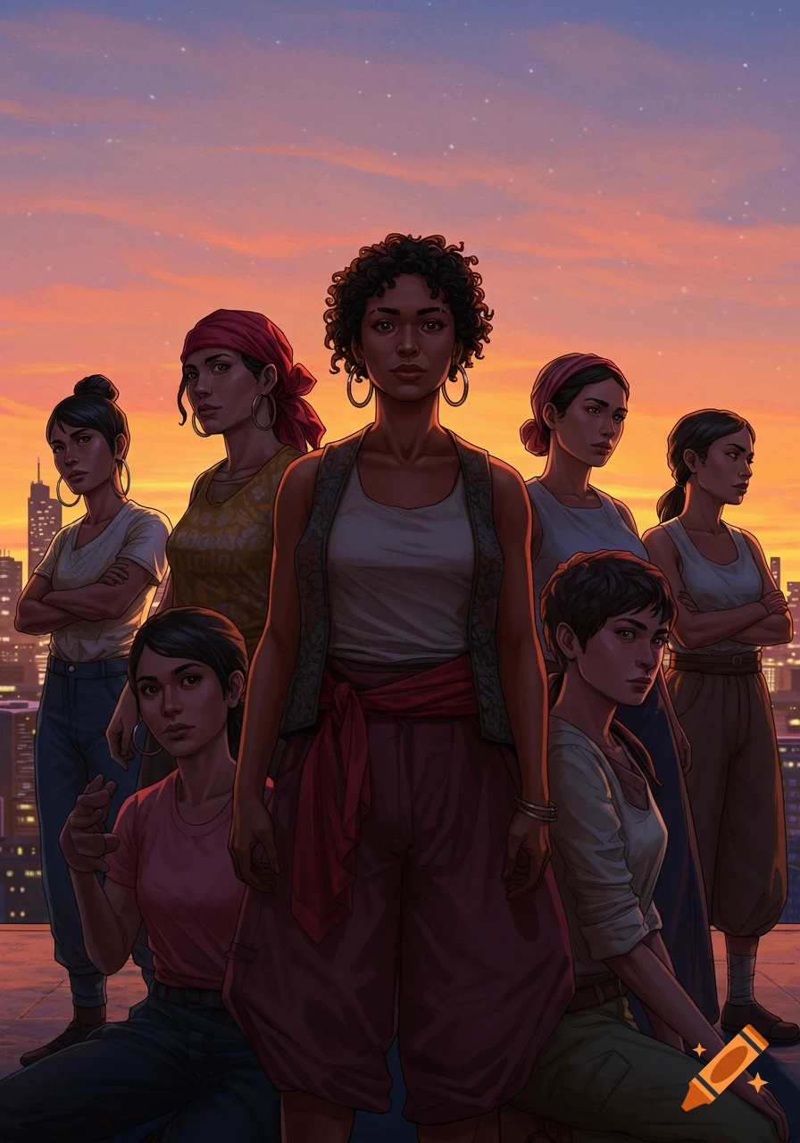 A group of diverse women stand confidently on a rooftop overlooking a city at sunset, in a vibrant illustration style.