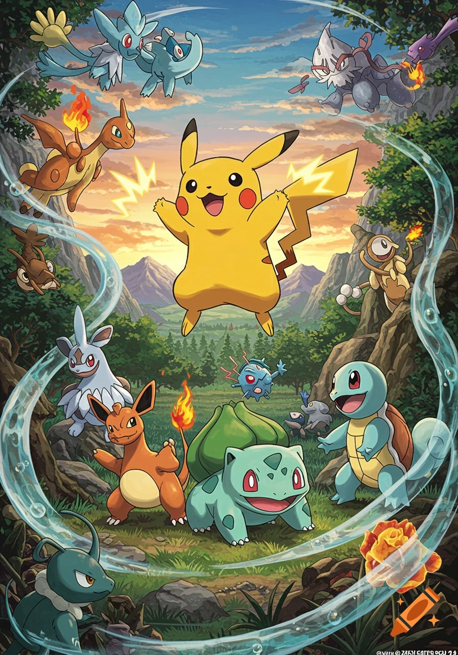 Pikachu, Bulbasaur, Squirtle, and other Pokémon characters in a vibrant animated forest landscape with mountains and a sunset.