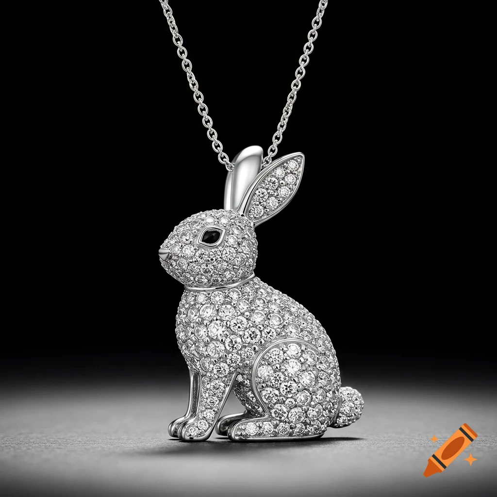 A photorealistic silver rabbit pendant encrusted with numerous diamonds, hanging from a chain against a dark background.