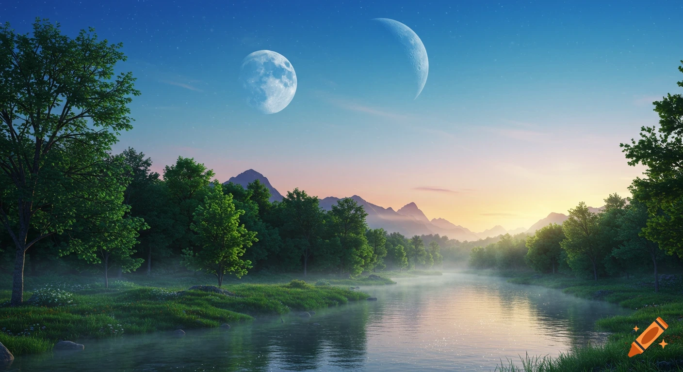 A serene river flows through a vibrant green forest, with mountains in the distance and two moons in the sky during a sunset.