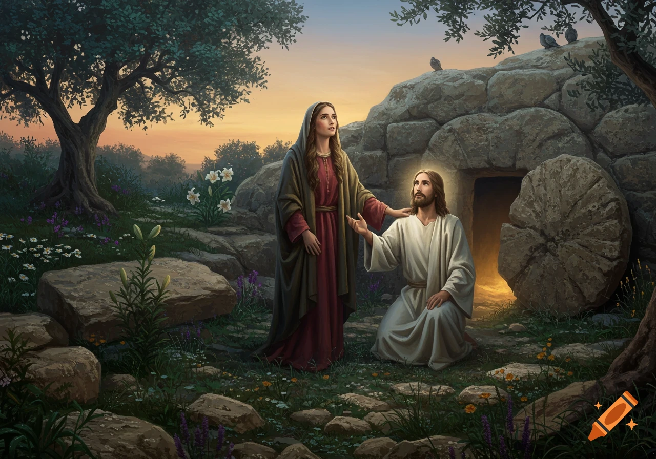 Mary Magdalene looks up in wonder as the resurrected Jesus kneels beside her outside an empty tomb in a rocky garden at dawn. Digital painting.