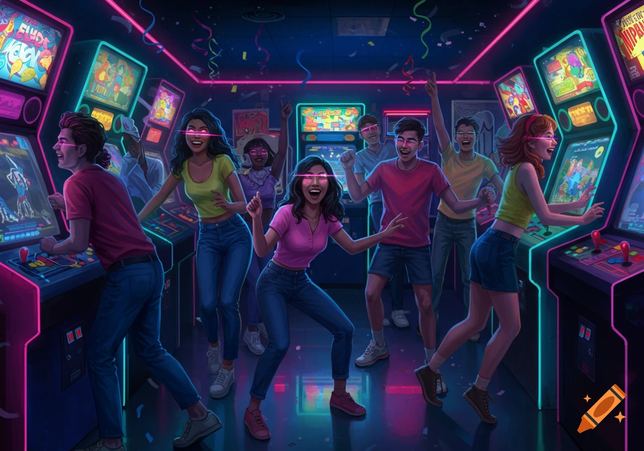 Happy people playing arcade games in a neon-lit, cyberpunk-style arcade.