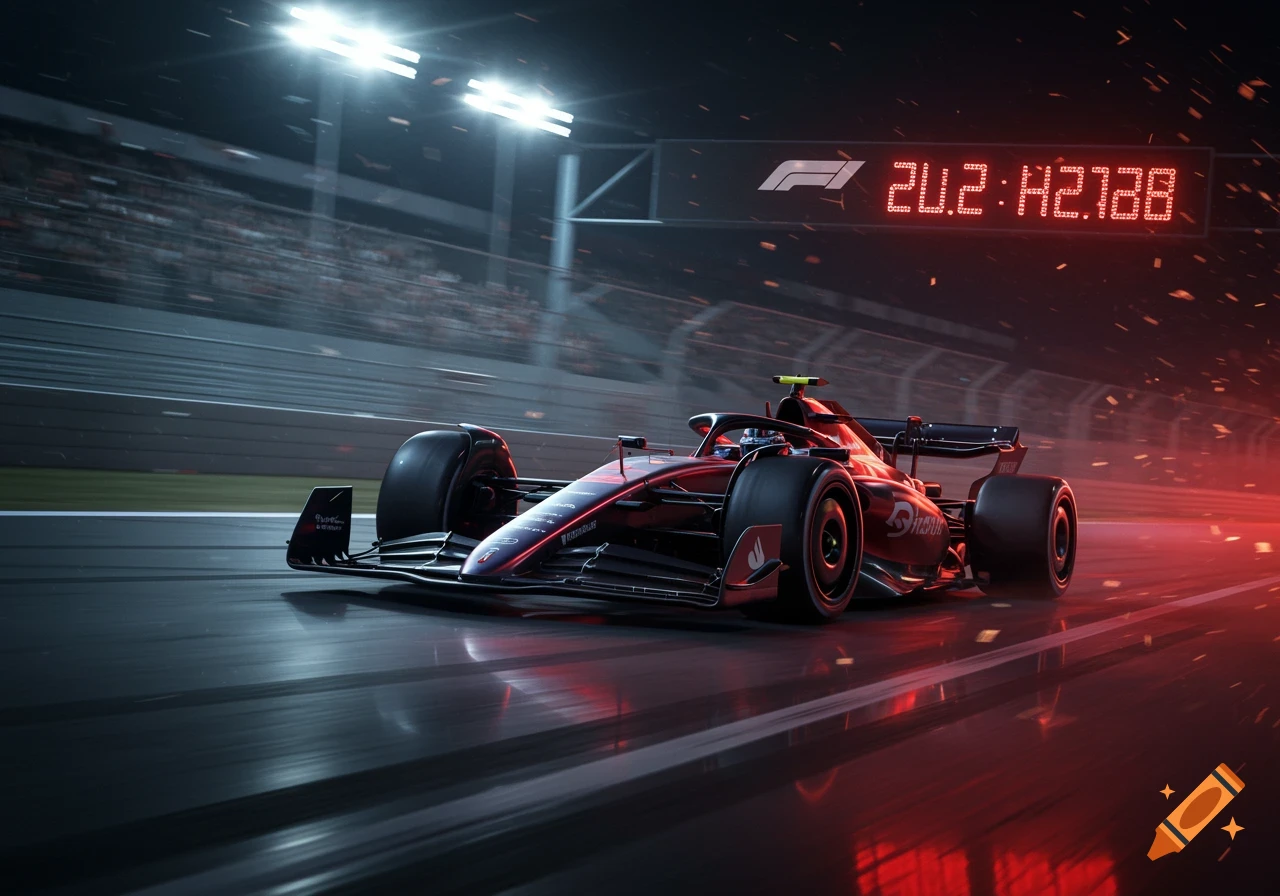 A sleek red and black Formula 1 race car speeds down a wet track at night under bright stadium lights, with a digital F1 scoreboard displaying time in the background.