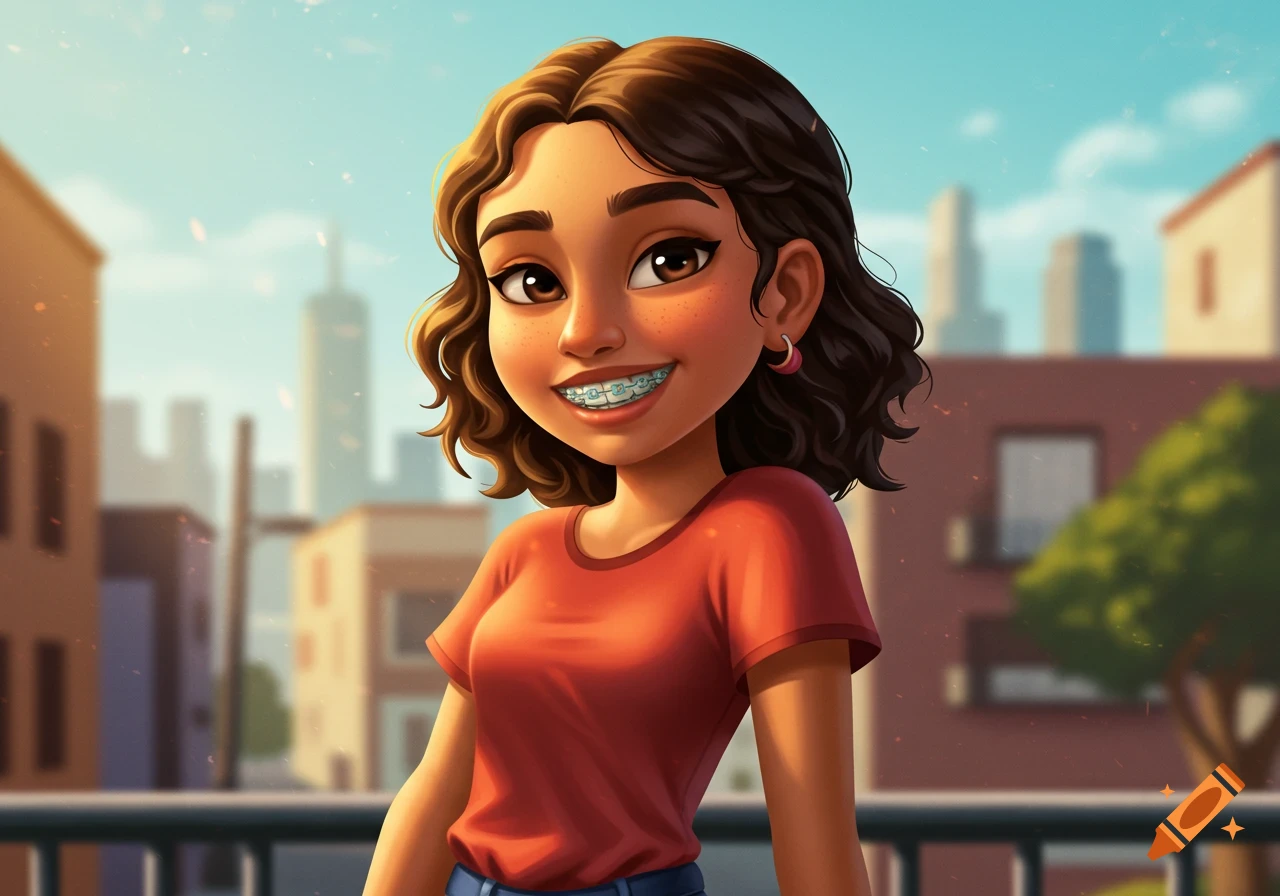 A smiling cartoon girl with brown curly hair and braces wears a red shirt and blue pants, with city buildings in the background.