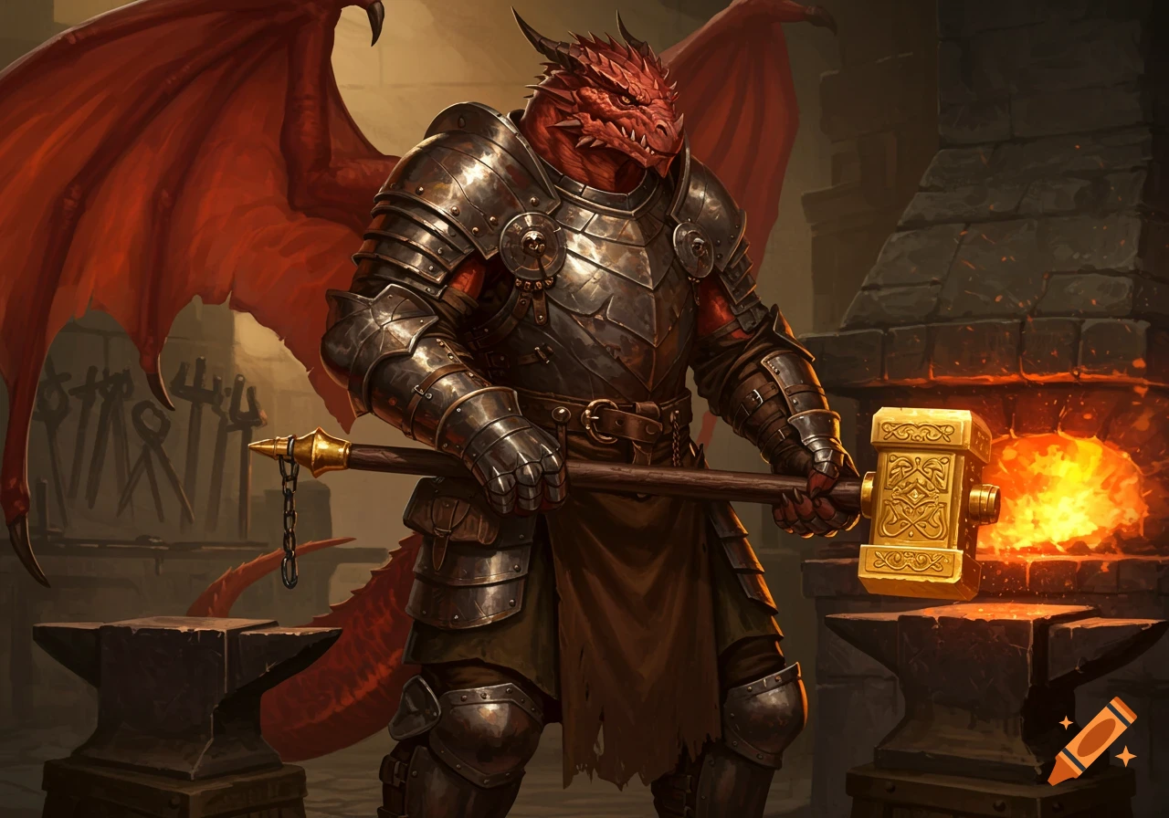A red dragonborn blacksmith in heavy armor holds a golden hammer in a forge next to an anvil with glowing fire. Digital art.