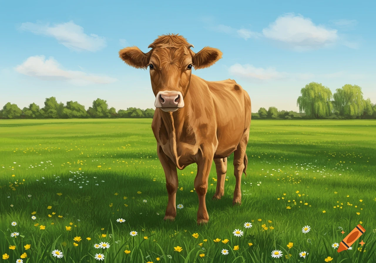 A brown cow stands in a vibrant green field with white and yellow flowers under a blue sky, looking at the camera. Illustration style.