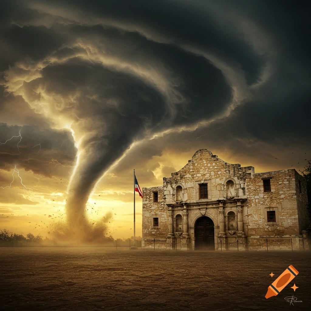 Photorealistic image of The Alamo under a dramatic stormy sky with a large tornado approaching at sunset.