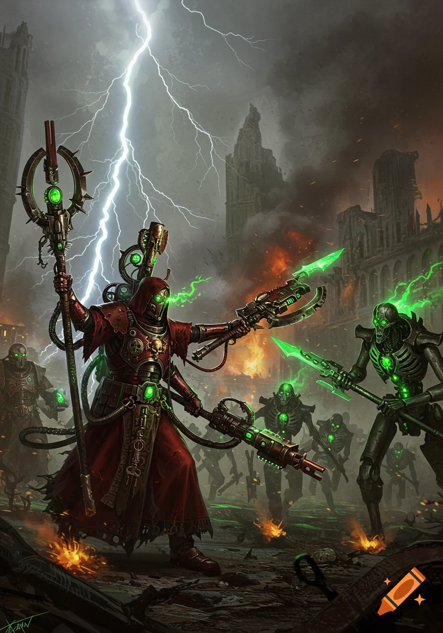 A red-robed Tech-Priest battles glowing green Necron robots in a ruined, burning city under a lightning storm in a grimdark art style.