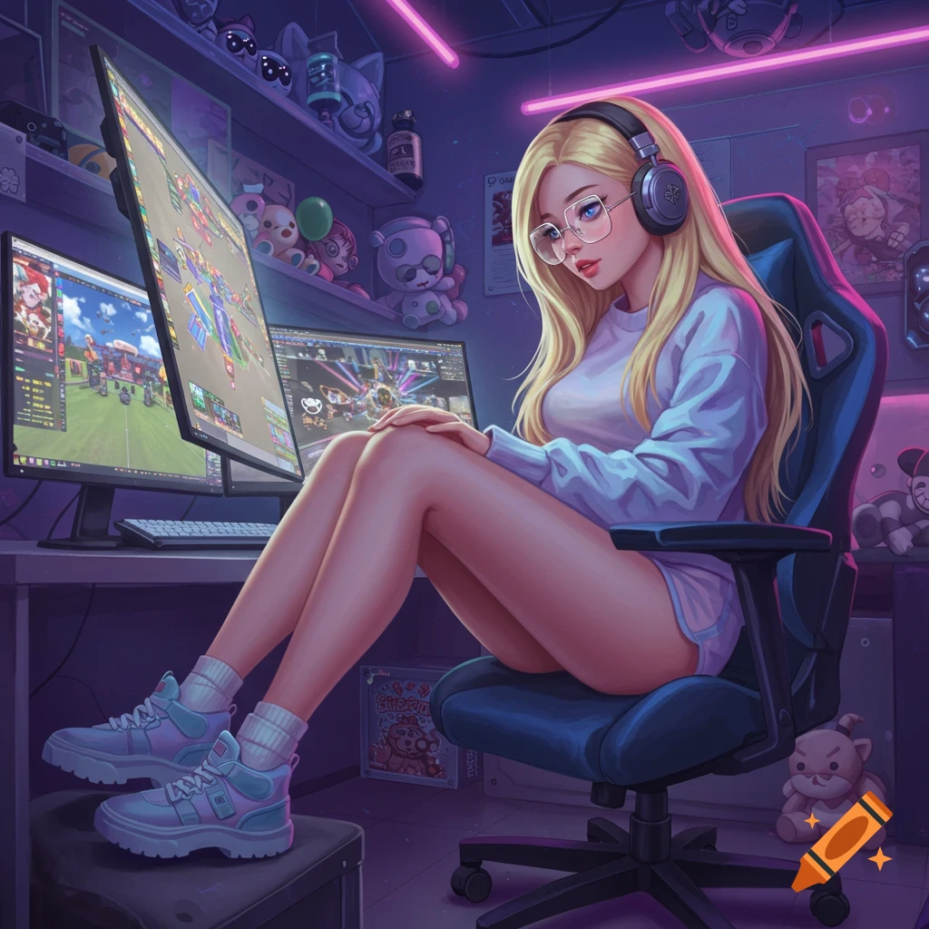 An anime-style blonde gamer girl with glasses and headphones sits in a chair in a neon-lit room with multiple computer screens displaying games.