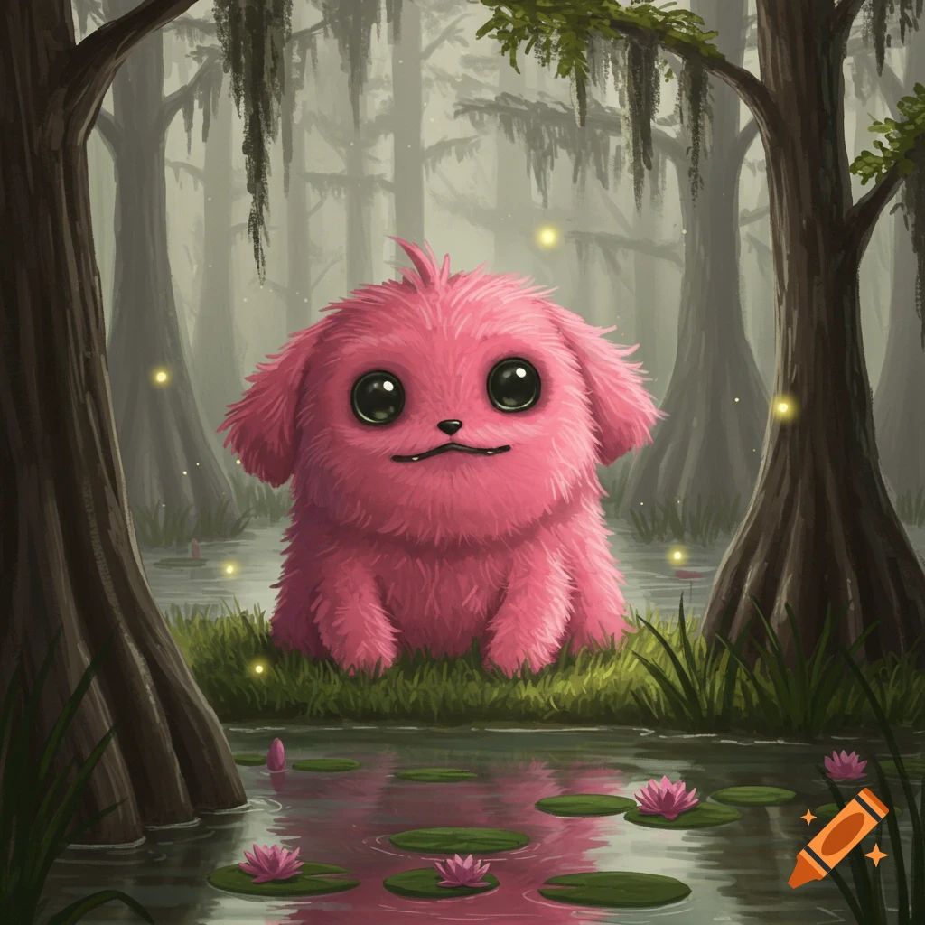 A cute, fluffy pink creature with large eyes sits in a swamp with trees, water lilies, and glowing fireflies.