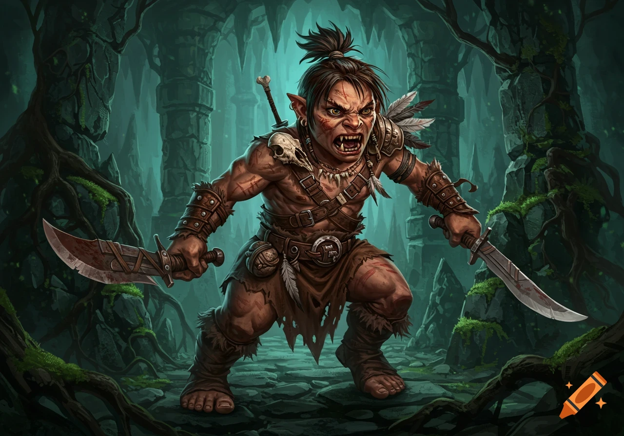 An aggressive, feral goblin-like creature with two swords stands in a dark, mossy dungeon with stone pillars.