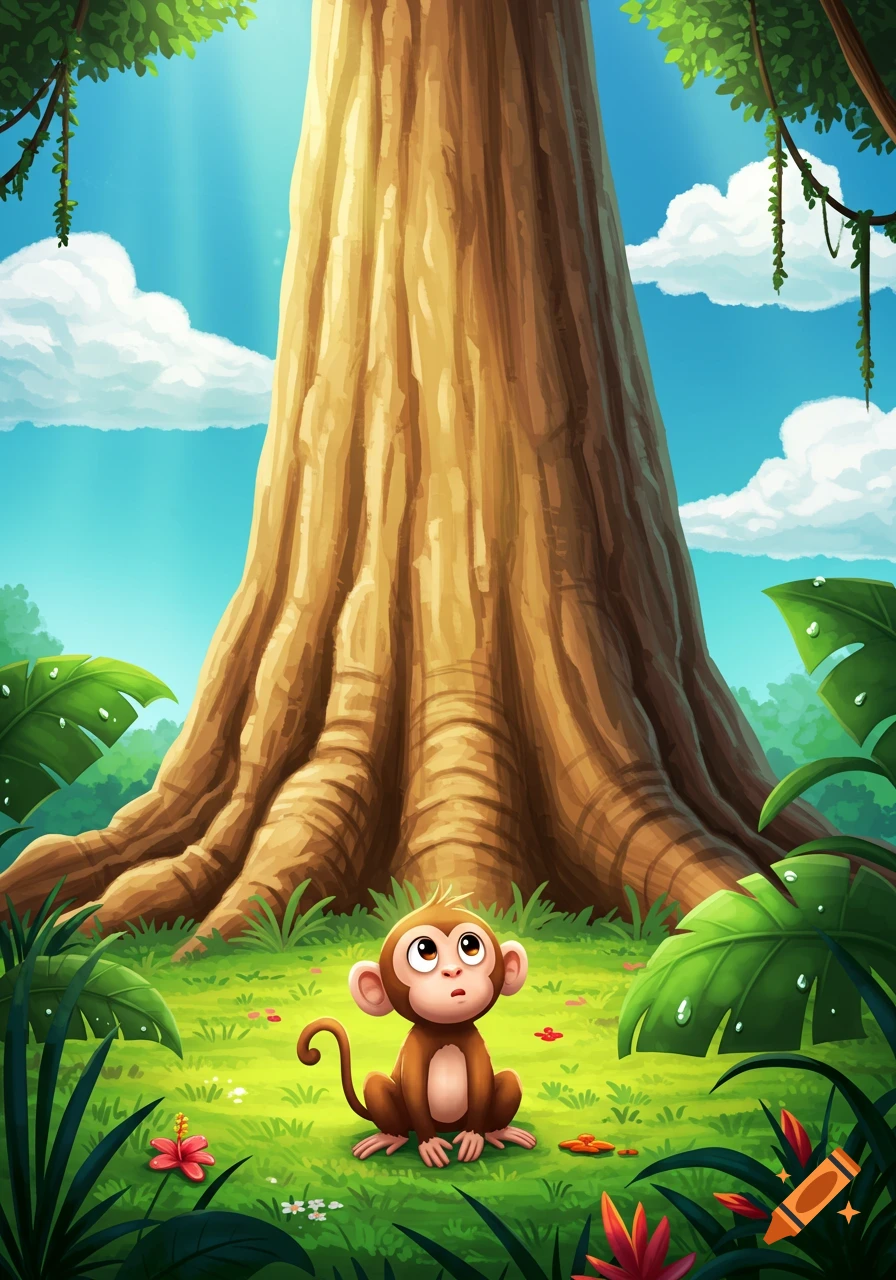 A cute cartoon monkey sits on green grass looking up at a very tall tree in a bright jungle.