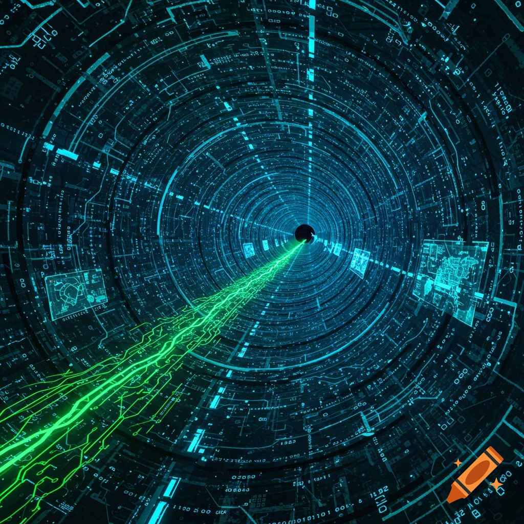 A vibrant digital data tunnel with glowing green lines on a blue circuit board background.