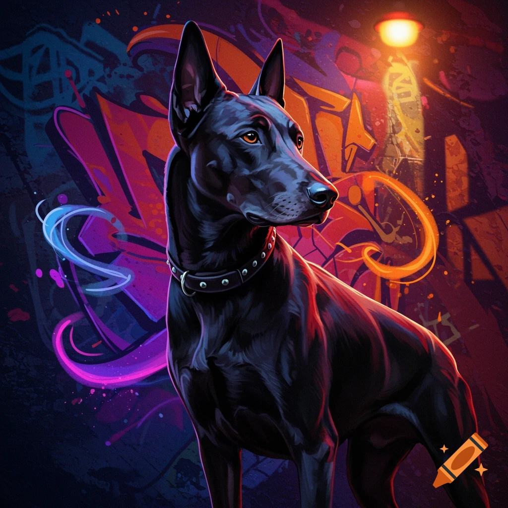 A dark doberman dog with orange eyes and a studded collar stands in profile against a vibrant, neon-colored graffiti background with a glowing streetlamp.
