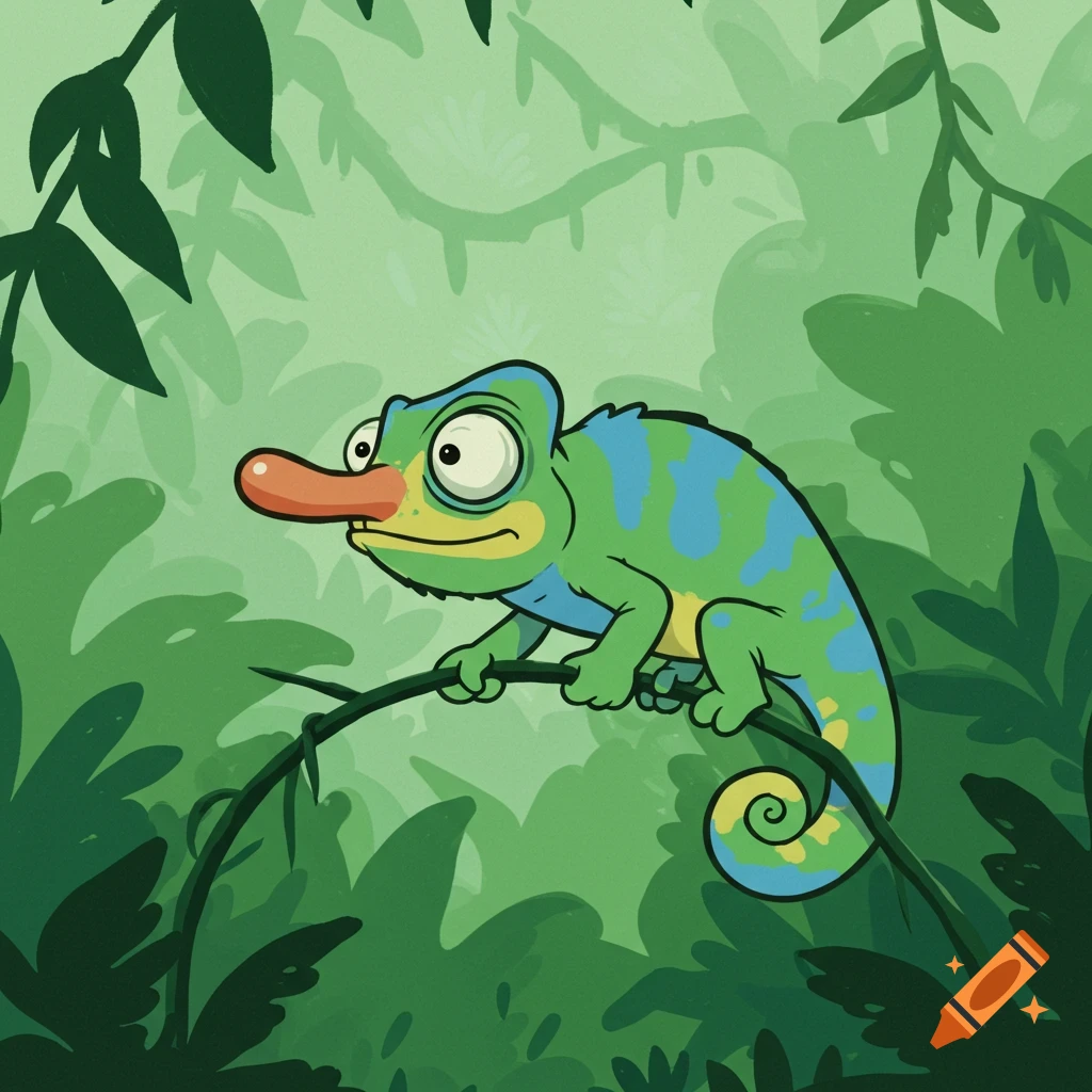 A cartoon chameleon with a large orange nose and big eyes, colored green and blue, perches on a branch in a rubber hose animation style.