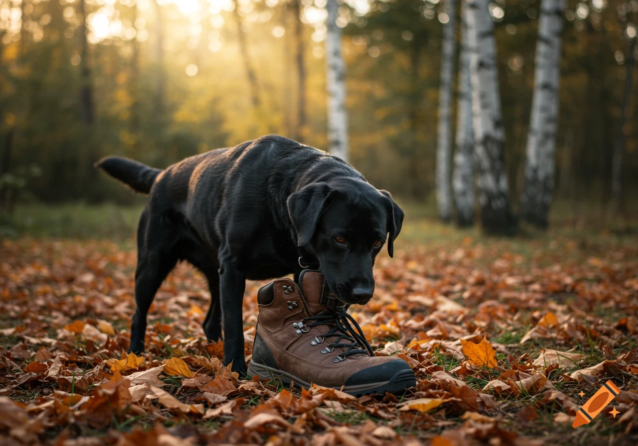 A photorealistic black Labrador dog sniffs a brown hiking boot on a forest floor covered in autumn leaves, bathed in golden light.
