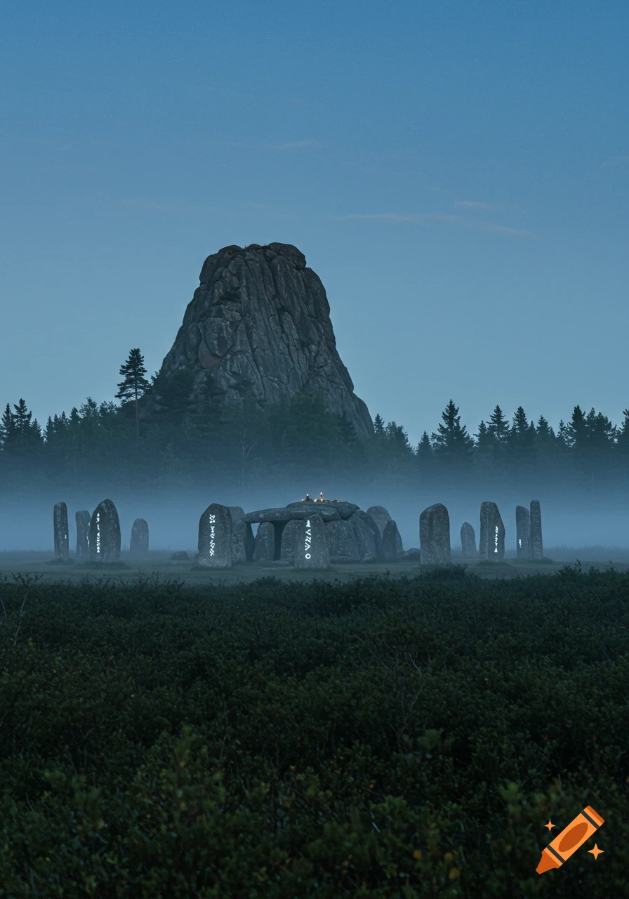 A foggy, mystical landscape with a large rock formation, evergreen trees, and an ancient stone circle with glowing runes and candles at dusk.