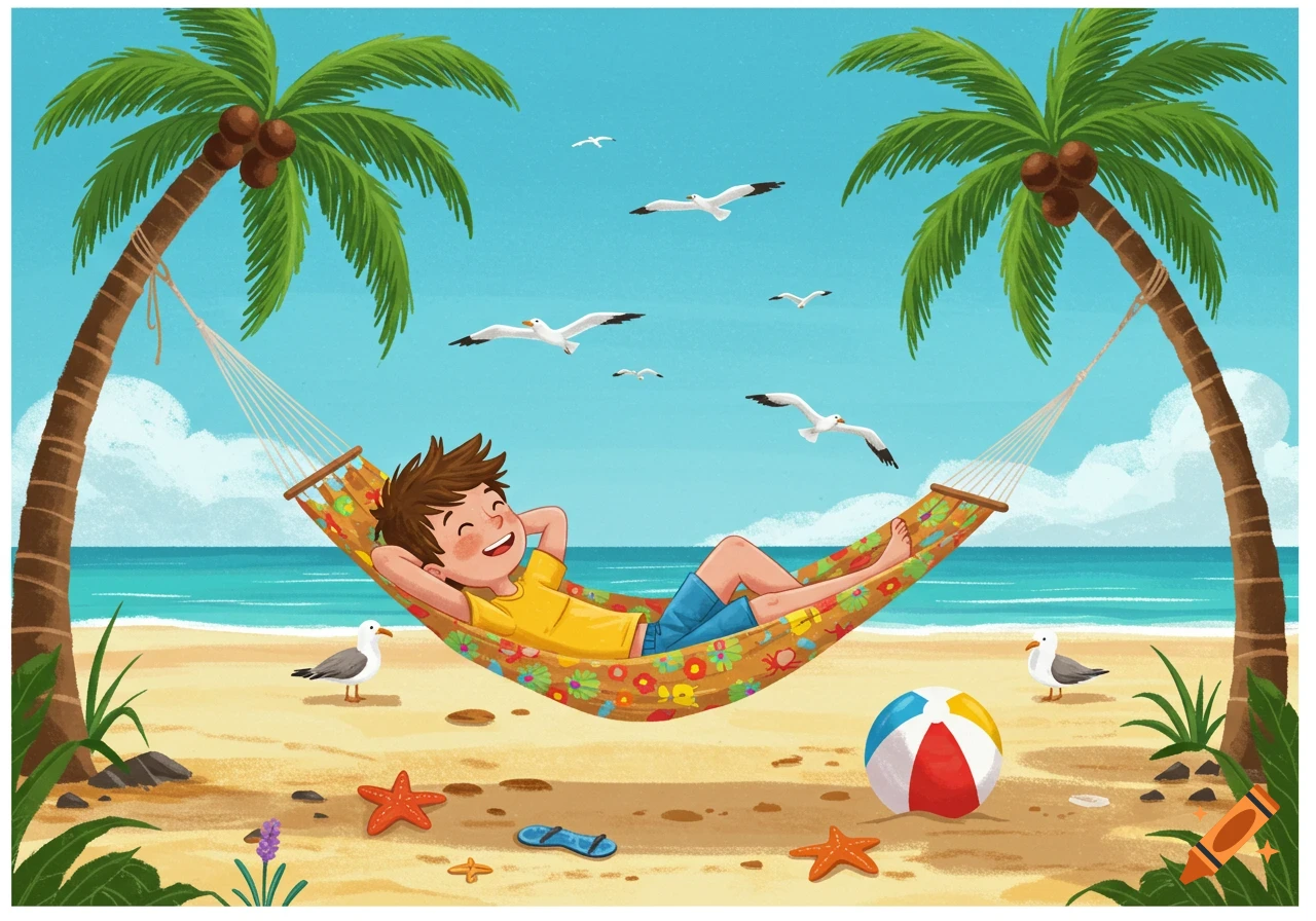 A happy cartoon boy relaxes in a colorful hammock on a sandy beach between two palm trees with seagulls flying by.