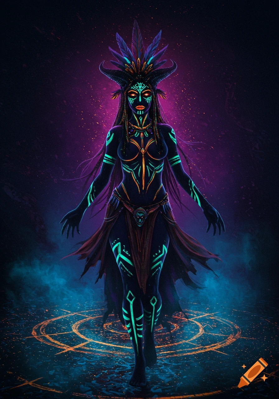 A dark priestess with horns, feathers, and glowing neon tribal markings stands on a magic circle, surrounded by purple and blue light.