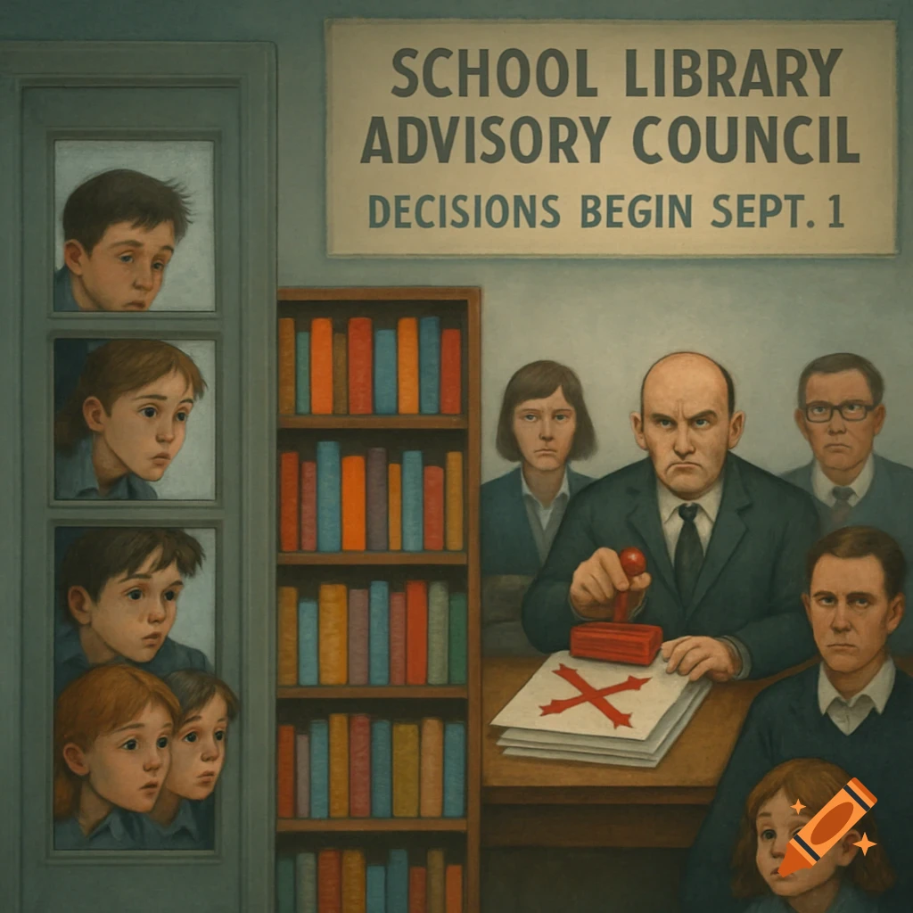 An illustration shows children peeking into a room where stern adults, a school library council, are stamping documents with a red X. Books line shelves.