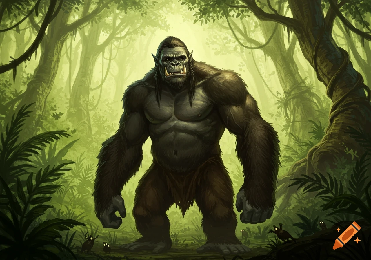 A muscular half-orc, half-gorilla creature with fangs stands in a lush jungle forest.