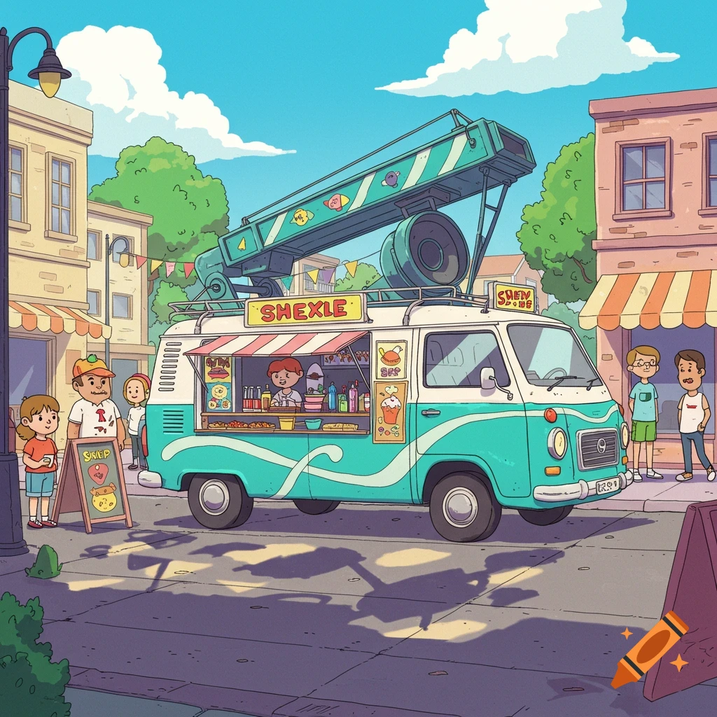 A vibrant cartoon depicts a teal and white food truck with a large boom arm casting shadows on a sunny street, surrounded by buildings and people.