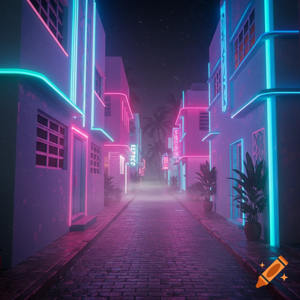 A neon-lit art deco alleyway in Miami, with pink and blue lights glowing on buildings and a cobbled street. Palm trees are visible in the background through the mist.