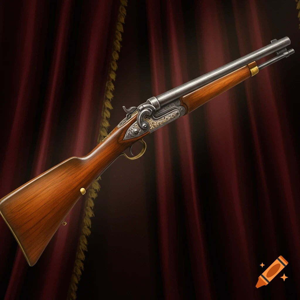 An antique rifle-shotgun combination with a wooden stock and ornate metalwork stands against a dark red curtain.