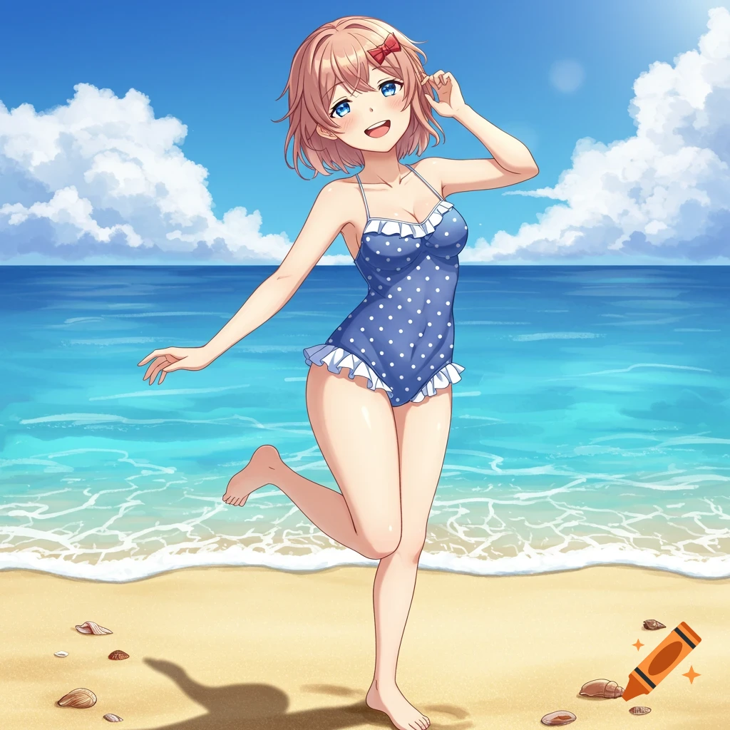 An anime girl with pink hair and blue eyes, wearing a blue polka dot swimsuit, standing on a sandy beach with the ocean behind her.