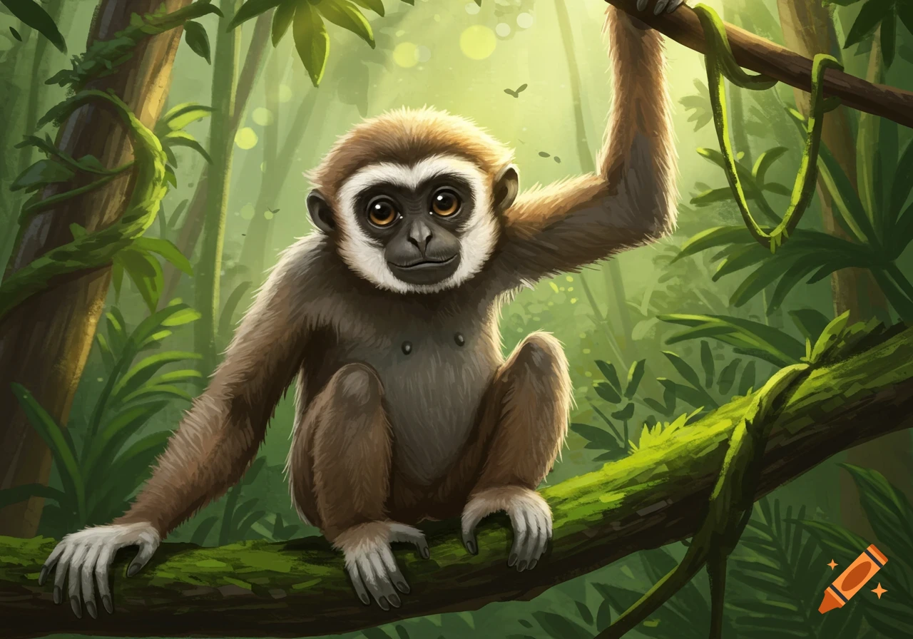 A cute, cartoon-style gibbon with brown fur and white facial markings sits on a mossy branch in a lush green jungle.