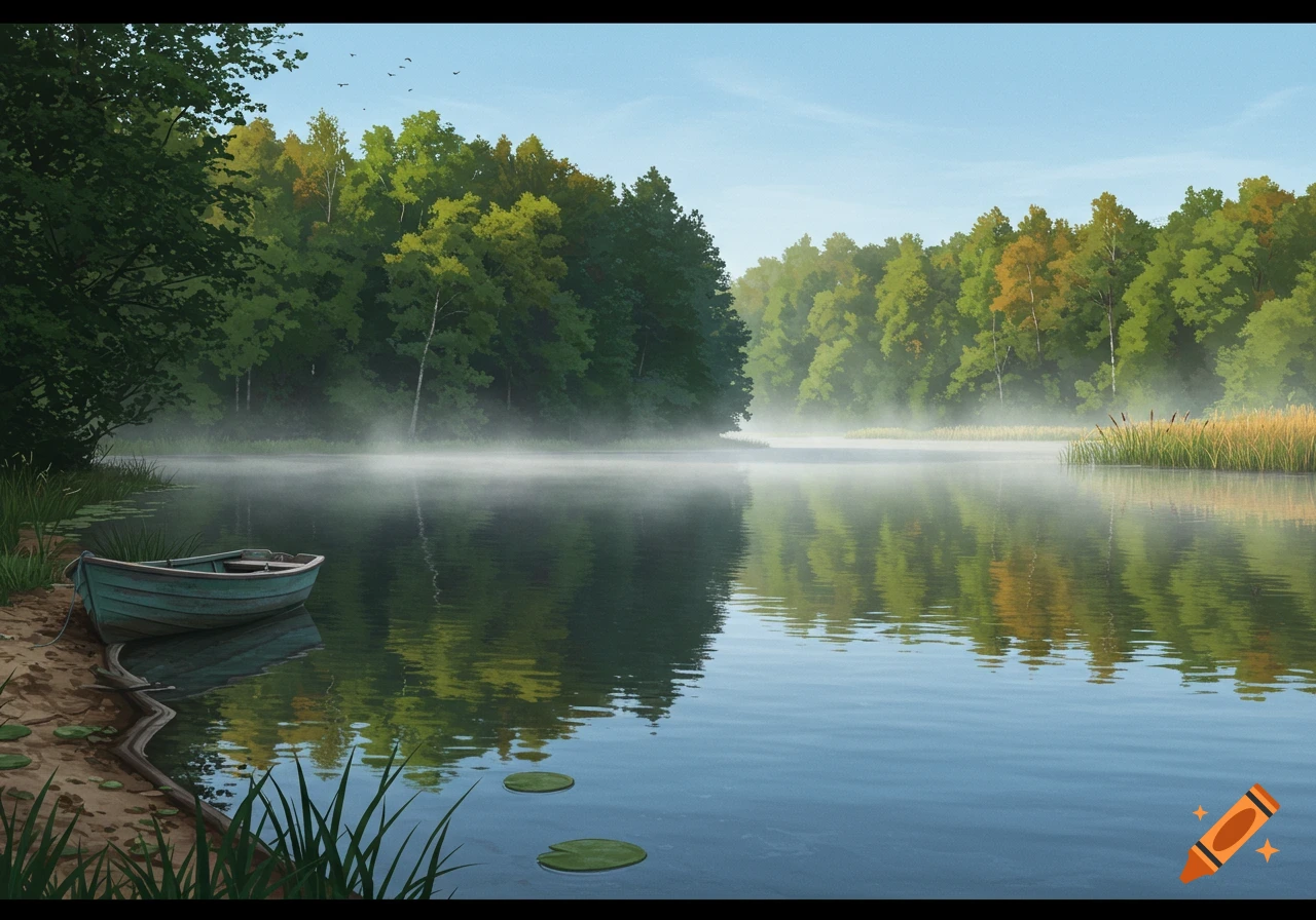 A rowboat sits on the misty shore of a lake surrounded by green forests under a clear blue sky.