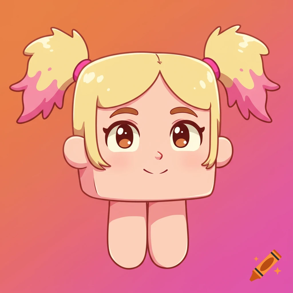 A cute square cartoon character with blonde pigtails and pink tips.